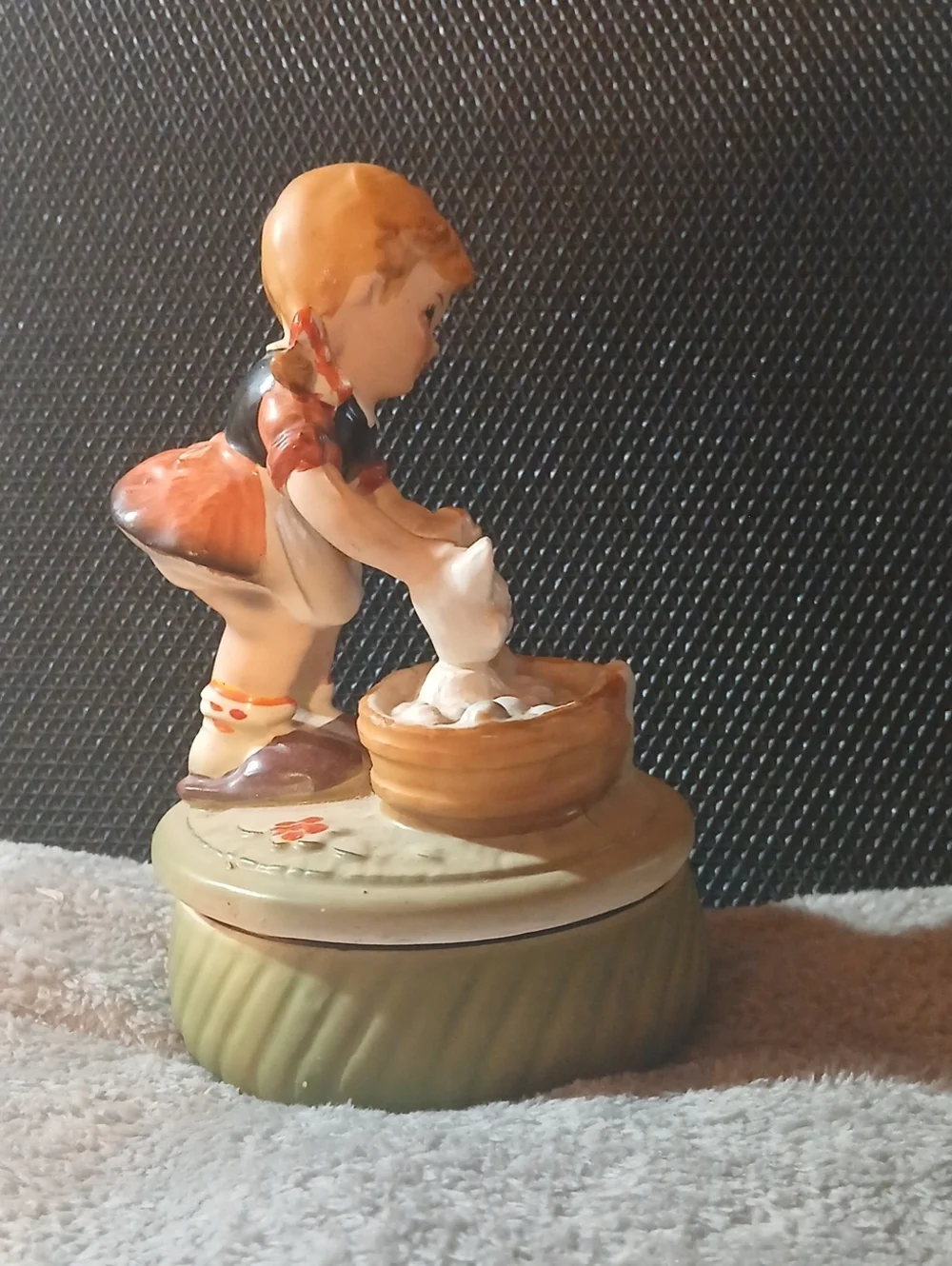 Vintage Girl Washing Kitten Figurine - Cream, Brown, Black